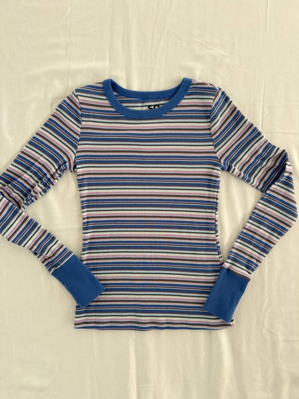 SO Women’s Striped Ribbed Long Sleeve Top Size Small Blue, Purple, Brown, Teal